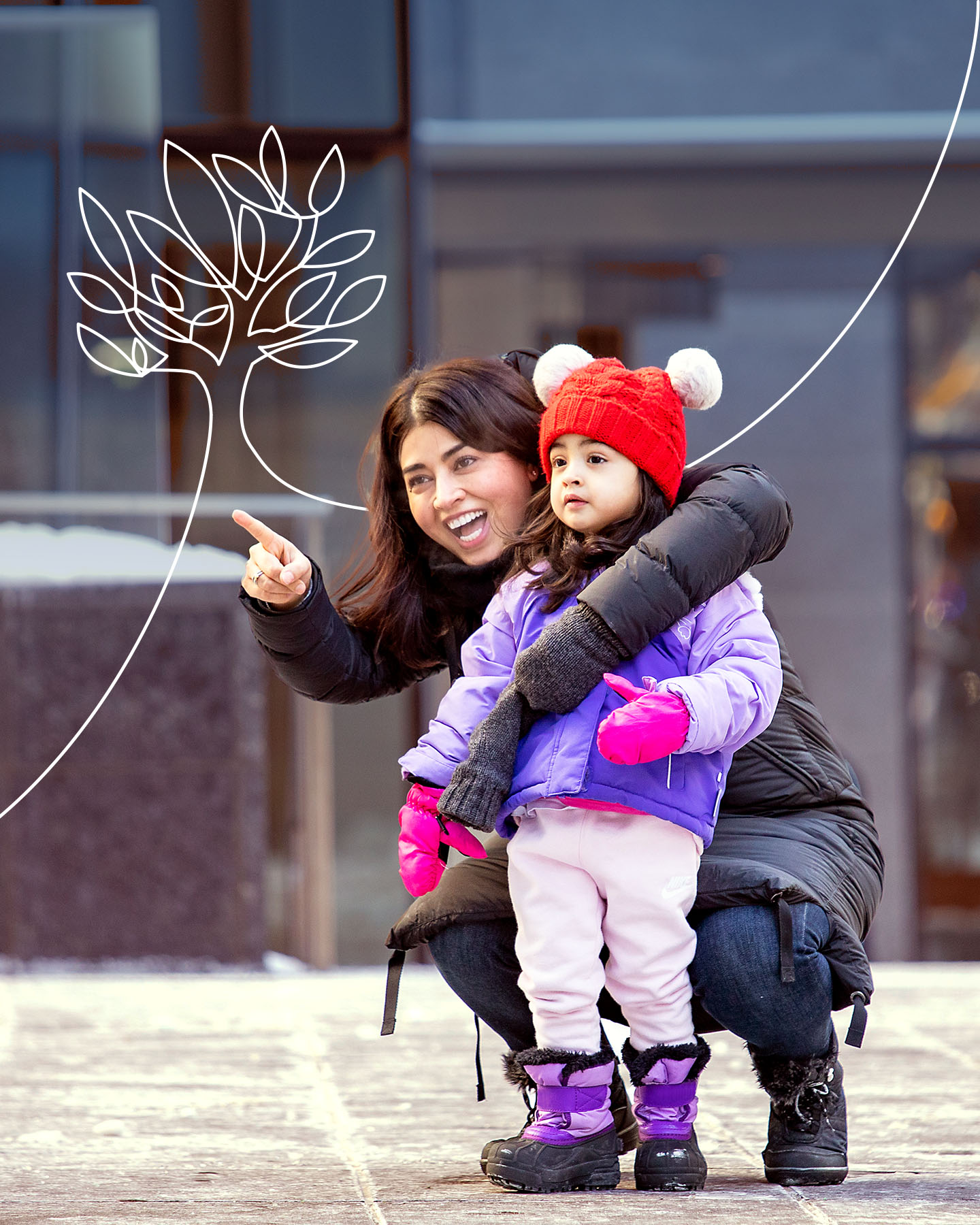 Picture of a mother and a girl in front of a building wearing jackets. Mother is pointing, illustration of windmill on top